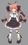  1girl alternate_costume animal_ears black_ribbon black_shoes black_skirt breasts cat_ears cat_tail expressionless frilled_skirt frills full_body hair_ribbon head_tilt highres kaenbyou_rin long_hair looking_at_viewer maid medium_breasts pointy_ears puffy_short_sleeves puffy_sleeves red_eyes redhead ribbon shoes shone short_sleeves sketch skirt socks solo tail touhou twintails white_legwear wrist_cuffs 