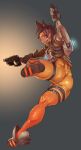  1girl ass bodysuit bomber_jacket brown_hair brown_jacket gloves goggles highres jacket overwatch short_hair solo spiky_hair tracer_(overwatch) ueno_petarou 