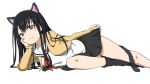  1girl animal_ears black_hair cardigan cat_ears cat_tail highres koe_no_katachi long_hair school_uniform simple_background skirt skirt_hold smile solo tail ueno_naoka white_background yakutashi 