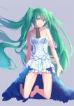  1girl aqua_eyes barefoot dress green_hair hatsune_miku kneeling light_smile long_hair muko_(kokia38) solo twintails very_long_hair vocaloid 
