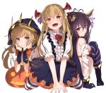  3girls antenna_hair bat_wings black_hair blonde_hair blush bow breasts cagliostro_(granblue_fantasy) cape commentary_request crown danua fangs frilled_skirt frills gloves granblue_fantasy hair_between_eyes halloween hands_on_own_cheeks hands_on_own_face hat head_wings horns large_breasts long_hair long_sleeves looking_at_viewer looking_back mini_hat multiple_girls open_mouth pointy_ears pumpkin red_eyes sato_(samanosuke_0710) shirt skirt smile striped striped_legwear vampire vampy violet_eyes wings 