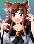  1girl animal_ears blush breasts brooch brown_hair collarbone dress fangs fingernails gradient gradient_background highres imaizumi_kagerou jewelry long_fingernails long_sleeves looking_at_viewer nail_polish open_mouth oshiaki red_eyes red_nails solo touhou wide_sleeves wolf_ears 