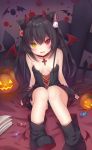  1girl amashiro_natsuki animal_ears bat_wings black_hair book breasts candy cross cross_necklace heterochromia highres jewelry long_hair looking_at_viewer necklace open_mouth original pumpkin red_eyes small_breasts smile solo two_side_up wings yellow_eyes 