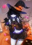  1girl belt black_gloves black_hair candy collar collarbone elbow_gloves gloves halloween hat horns jack-o&#039;-lantern kantai_collection light_cruiser_hime lollipop long_hair looking_at_viewer mask midriff mochitsu_jou navel pale_skin shinkaisei-kan shorts smile solo thigh_strap witch_hat 