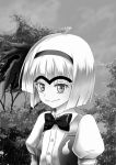  1girl eyebrows greyscale hairband highres konpaku_youmu looking_at_viewer monochrome niiko_(gonnzou) puffy_sleeves short_hair short_sleeves smile touhou unibrow upper_body vest 