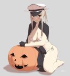  1girl barefoot bikini black_gloves blonde_hair blue_eyes blush breasts cape cleavage gloves graf_zeppelin_(kantai_collection) hair_between_eyes halloween hat kantai_collection long_hair looking_at_viewer peaked_cap pumpkin simple_background sitting solo swimsuit thighs touyama_eight twintails white_bikini 