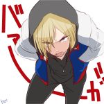  1boy artist_name blonde_hair blue_eyes hair_over_one_eye hands_in_pockets hood hoodie jewelry koji-bread leaning_forward male_focus necklace open_mouth simple_background solo white_background yuri!!!_on_ice yuri_plisetsky 