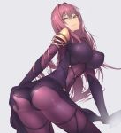  1girl ass bodysuit breasts fate/grand_order fate_(series) from_behind gingami_(giluziru) highres large_breasts long_hair pauldrons purple_hair red_eyes scathach_(fate/grand_order) simple_background solo 