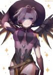  1girl alternate_costume blonde_hair blue_eyes blush book breasts brown_legwear capelet cowboy_shot earrings elbow_gloves food_themed_earrings gloves halloween halloween_costume hanato_(seonoaiko) hand_on_headwear hat jewelry looking_at_viewer mechanical_wings medium_breasts mercy_(overwatch) overwatch pumpkin_earrings short_sleeves simple_background smile solo sparkle thigh-highs twitter_username white_background wings witch witch_hat witch_mercy 