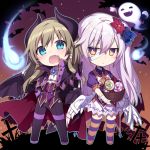  2girls bandages blonde_hair blue_eyes brown_eyes candy chibi fang gloves halloween hijiri_(resetter) horns long_hair multiple_girls open_mouth original pointy_ears silver_hair striped striped_legwear tail thigh-highs wings 
