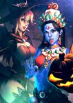  alternate_costume bakki blue_skin candy goddess_symmetra hat jack-o&#039;-lantern lollipop looking_at_viewer mercy_(overwatch) ok_sign open_mouth overwatch pumpkin symmetra_(overwatch) thigh-highs tongue tongue_out witch_hat witch_mercy 