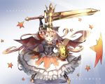  1girl :o armor armored_boots bat_wings black_bow blonde_hair blue_eyes blush boots bow breastplate buckler character_name charlotta_(granblue_fantasy) dress fake_wings frilled_dress frills gauntlets granblue_fantasy halloween harbin holding holding_sword holding_weapon jack-o&#039;-lantern long_hair open_mouth orange_dress pointy_ears shield sone star sword weapon wings 
