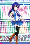  1girl absurdres black_legwear blue_hair boots brown_eyes collar earrings elbow_gloves frills gloves hand_on_hip headset highres jewelry knee_boots long_hair looking_at_viewer love_live! love_live!_school_idol_festival love_live!_school_idol_project scan skirt smile sonoda_umi stage stage_lights thigh-highs zettai_ryouiki 
