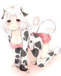  1girl all_fours animal_ears antenna_hair blush breasts chita_(ketchup) cleavage collarbone cow cow_ears cow_girl cow_horns cow_print cow_tail hair_between_eyes highres hood hoodie horns large_breasts long_sleeves looking_at_viewer open_clothes open_hoodie original short_hair signature silver_hair sleeves_past_wrists solo tail thigh-highs twitter_username violet_eyes 