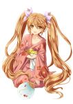  1girl absurdres artist_request brown_eyes brown_hair bucket carrying fan floral_print highres holding japanese_clothes kimono long_hair long_sleeves open_mouth round_teeth rubber_duck simple_background solo teeth the_last_summoner twintails very_long_hair white_background yukata 