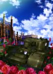  absurdres bed_of_roses churchill_(tank) clouds cloudy_sky emblem flower girls_und_panzer ground_vehicle highres location_request military military_vehicle motor_vehicle no_humans official_art outdoors rose sky st._gloriana&#039;s_(emblem) tank tank_focus 