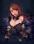  1girl beatrix_(granblue_fantasy) blush breast_grab breasts brown_eyes brown_hair cleavage commentary dark_background dress flying_sweatdrops gloves grabbing granblue_fantasy groping highres large_breasts long_hair long_sleeves quatre_(granblue_fantasy) strapless strapless_dress tears walzrj 