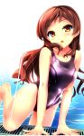  1girl barefoot blush brown_eyes brown_hair collarbone competition_swimsuit eyebrows eyebrows_visible_through_hair highres idolmaster idolmaster_million_live! kitazawa_shiho leg_up long_hair looking_at_viewer one-piece_swimsuit open_mouth p2_shino pool poolside purple_swimsuit shiny shiny_clothes shiny_hair shiny_skin skin_tight solo swimsuit wading water wet 