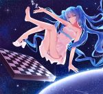  1girl barefoot blue_eyes blue_hair chess_piece chessboard dress feet floating_hair full_body hatsune_miku long_hair looking_at_viewer muko_(kokia38) outstretched_arm panties sandals shoe_dangle solo space star_(sky) strapless strapless_dress twintails underwear very_long_hair vocaloid 