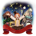  1girl :d \o/ absurdres arms_up bangs_pinned_back black_skirt car center_frills character_name confetti dated earrings ground_vehicle happy_birthday hat hello_hoshi_wo_kazoete highres hoshizora_rin jewelry keita_(kta0) lamppost looking_at_viewer love_live! love_live!_school_idol_project motor_vehicle night night_sky open_mouth orange_hair outstretched_arms red_ribbon ribbon short_hair skirt sky skyline smile solo sparkle suspender_skirt suspenders top_hat yellow_eyes 