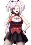  1girl animal_ears breasts collarbone denki_(biribiri) extra_ears hand_on_hip highres large_breasts lavender_hair long_hair one_eye_closed open_mouth purple_hair rabbit_ears red_eyes reisen_udongein_inaba shirt skirt solo touhou very_long_hair 