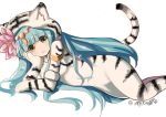  1girl :3 animal_costume aqua_hair armlet blush cosplay costume covered_navel flower green_eyes hair_flower hair_ornament halloween kigurumi long_hair lotus lunacats lying on_side parvati_(p&amp;d) puzzle_&amp;_dragons signature simple_background solo tiger_costume tiger_print white_background 