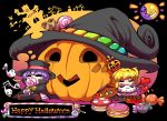  &gt;_&lt; 4girls =_= bare_tree bat black_background black_cape black_hat blonde_hair blush_stickers bow brown_shoes candy candy_wrapper chibi clock closed_eyes commentary crown eating eyebrows eyebrows_visible_through_hair fangs flandre_scarlet ghost green_bow hakurei_reimu halloween happy_halloween hat heart jack-o&#039;-lantern kashuu_(b-q) kirisame_marisa lavender_hair lollipop macaron mansion multiple_girls open_mouth puddle remilia_scarlet shoes short_hair side_ponytail silhouette sitting smile spider_web_print sun swirl_lollipop tombstone tongue tongue_out top_hat touhou tree wings witch_hat 
