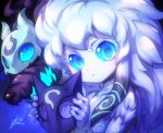  1girl :&lt; blue_eyes kindred lamb_(league_of_legends) league_of_legends long_hair looking_at_viewer mask mask_removed pale_skin phantom_ix_row sharp_teeth signature teeth white_hair wolf wolf_(league_of_legends) 