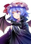  1girl ascot bat_wings blue_hair blush cape e.o. fang hat highres mob_cap remilia_scarlet short_hair simple_background solo touhou vampire violet_eyes white_background wings 