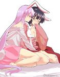  2girls animal_ears bare_shoulders barefoot black_eyes black_hair blouse breasts bunny_tail cheek_licking cleavage clothes_removed face_licking floral_print hand_on_another&#039;s_leg hand_to_own_mouth highres hime_cut houraisan_kaguya japanese_clothes licking long_hair looking_at_another mana_(gooney) medium_breasts mouth_hold multiple_girls one_eye_closed purple_hair rabbit_ears red_eyes reisen_udongein_inaba saliva simple_background sitting sleeves_past_wrists soles sweat tail toes tongue tongue_out touhou twitter_username very_long_hair wavy_mouth white_blouse wide_sleeves yuri 