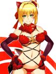  1girl animal_ears bare_shoulders breasts cleavage elbow_gloves fate/extra fate/grand_order fate_(series) gloves green_eyes hands_on_hips highres medium_breasts navel nirai_kanai saber_extra shielder_(fate/grand_order) shielder_(fate/grand_order)_(cosplay) simple_background solo white_background wolf_ears 