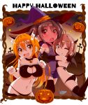  3girls animal_ears ass bat bell bell_collar bikini black_legwear blush breasts cat_ears cat_lingerie cleavage collar collarbone demon_tail demon_wings fang gloves hair_ornament hairclip halloween happy_halloween hat hug jack-o&#039;-lantern long_hair multiple_girls navel one_eye_closed open_mouth original paw_gloves red_eyes short_hair smile star swimsuit tail thigh-highs two_side_up wings witch_hat yasagure_yukito yellow_eyes 