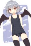  1girl alternate_costume bat_wings black_legwear blush fang highres looking_at_viewer open_mouth pointy_ears red_eyes remilia_scarlet school_swimsuit shone short_hair silver_hair sketch smile solo swimsuit thigh-highs touhou wings 