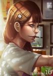  1girl 2015 2016 arm_up art_brush artist_name blue_eyes brown_hair cat_hair_ornament copyright_name day eyelashes from_side glasses hair_ornament indoors lips long_hair looking_to_the_side magion02 mouth_hold ms.assistant nose original paintbrush painting painting_(object) profile round_glasses shirt short_sleeves smock solo sunlight upper_body white_shirt 