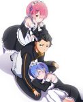  1boy 2girls annoyed arm_support black_hair blue_hair brown_eyes closed_eyes detached_sleeves elbow_rest hair_ornament hair_over_one_eye hair_ribbon jacket lap_pillow maid mary_janes multiple_girls natsuki_subaru pink_hair ram_(re:zero) re:zero_kara_hajimeru_isekai_seikatsu red_eyes rem_(re:zero) ribbon shoes short_hair shou_(10868818) siblings sisters sitting sleeping smile thigh-highs track_jacket twins white_background white_legwear x_hair_ornament 