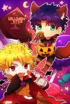  2boys animal_ears blonde_hair boots bottle brown_boots candy cape chibi chocolate dio_brando fangs green_eyes halloween jojo_no_kimyou_na_bouken jonathan_joestar kemonomimi_mode lollipop male_focus mouth_hold multiple_boys nekoshin_kagari open_mouth purple_hair red_eyes star tail twitter_username wine_bottle wolf_ears wolf_paws wolf_tail 