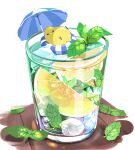  bird chai cup food fruit highres ice ice_cube innertube lemon lemon_slice mint no_humans original simple_background umbrella white_background 