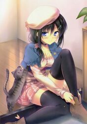  1girl absurdres beret black_hair black_legwear blue_eyes breasts cat cleavage hair_ornament hairclip hat highres scan shouna_mitsuishi sitting skirt smile thigh-highs wooden_floor 