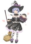  1girl akae_neo alternate_costume blue_eyes blue_hair blush breasts broom character_doll detached_sleeves dress hair_over_one_eye halloween halloween_costume hat hat_ribbon highres looking_at_viewer medium_breasts natsuki_subaru open_mouth re:zero_kara_hajimeru_isekai_seikatsu rem_(re:zero) ribbon shoes short_hair simple_background skull solo standing striped striped_legwear white_background witch witch_hat 