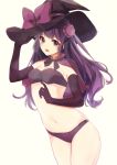  1girl alternate_costume arched_back bikini breasts cowboy_shot detached_sleeves double_bun elbow_gloves gloves hat kashiwagi_chisame long_hair looking_at_viewer medium_breasts midriff navel open_mouth patchouli_knowledge purple_bikini purple_hair simple_background swimsuit thighs touhou violet_eyes witch_hat 