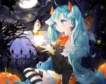  1girl aqua_eyes aqua_hair detached_sleeves full_moon halloween hatsune_miku lantern li.b_(liebenib) long_hair moon night pumpkin sitting solo striped striped_legwear thigh-highs twintails very_long_hair vocaloid water 