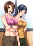  2girls :d bangs bare_arms bare_shoulders black_eyes black_hair blush breast_hold breasts brown_eyes brown_hair brown_pants camisole cleavage collarbone commentary_request covered_nipples cowboy_shot ear_piercing green_pants groin hair_intakes highres large_breasts long_hair looking_at_viewer mature multiple_girls nail_polish navel open_mouth original pants parted_bangs piercing red_nails rokko shiny shiny_skin shirt short_hair smile stomach sweat sweating taut_clothes taut_shirt wristband 