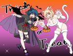  2girls animal_ears bandages black_dress blonde_hair blue_hair breasts brooch cape cat_ears cat_paws cat_tail cleavage comic dress eyeball fake_animal_ears fake_horns fake_tail fangs gradient gradient_background halloween halloween_costume jewelry long_hair looking_at_viewer love_live! love_live!_sunshine!! misu_kasumi multiple_girls ohara_mari one_eye_closed open_mouth paws silent_comic single_thighhigh skull tail thigh-highs torn_clothes torn_thighhighs trick_or_treat tsushima_yoshiko violet_eyes whisker_markings white_legwear yellow_eyes 