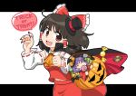  &gt;:d 2girls :d ^_^ black_hat bow breasts brown_hair bucket candy cape claw_pose closed_eyes commentary_request cookie detached_sleeves eating fang fingernails food hair_bow hair_tubes hakurei_reimu halloween halloween_costume hat japanese_clothes kimono lollipop long_fingernails looking_at_viewer medium_breasts mini_hat mini_top_hat minigirl multiple_girls nail_polish navel open_mouth purple_hair red_eyes red_nails ribbon-trimmed_sleeves ribbon_trim skirt skirt_set smile sukuna_shinmyoumaru swirl_lollipop top_hat touhou trick_or_treat unachika vest witch_hat 