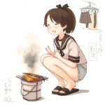  1girl ^_^ ^o^ blush brown_hair brown_skirt closed_eyes commentary_request fish grill hair_ribbon kantai_collection kokudou_juunigou open_mouth ponytail ribbon sandals saury school_uniform serafuku shichirin shikinami_(kantai_collection) short_sleeves skirt smile smoke solo squatting tagme translation_request v 