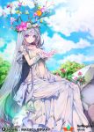  antlers bangs branch breasts choker clouds cloudy_sky copyright_name day dress flower gown head_wreath highres kanola_u large_breasts long_hair magic navel plant_on_head qurare_magic_library rock silver_hair sitting sky smile very_long_hair violet_eyes watermark wrist_cuffs 