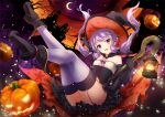  1girl ankle_boots bird black_boots black_gloves boots breasts bug_(artist) building cane cape clouds cosplay crescent_moon gloves halloween hat lamp long_hair looking_at_viewer miniskirt moon night night_sky open_mouth pumpkin purple_hair silk skirt sky small_breasts solo spider_web star thigh-highs tied_hair town tree violet_eyes vocaloid voiceroid witch witch_hat yuzuki_yukari zettai_ryouiki 