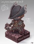  1boy bloodborne brown_hair chibi covering_mouth fushigi_ebi gun hat hunter_(bloodborne) saw_cleaver short_hair solo violet_eyes weapon 