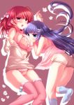  2girls alfred blue_eyes blue_hair bow bra breasts brown_background cleavage collarbone eyebrows eyebrows_visible_through_hair frilled_bra frilled_panties frills hair_bow highres large_breasts long_hair multiple_girls open_mouth original panties pink_eyes pink_legwear redhead see-through star thigh-highs underwear yuri 