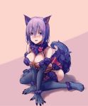  1girl animal_ears arm_support blush elbow_gloves fate/grand_order fate_(series) fur_trim gloves halloween_costume hfp~kubiao highres lavender_eyes lavender_hair shielder_(fate/grand_order) sitting solo tail thigh-highs wariza wolf_ears wolf_tail 